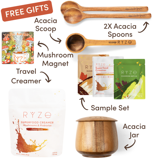Ryze superfood creamer, acacia spoon, scoop, jar, mushroom magnet, and recipe booklet with 'Free Gifts' label.