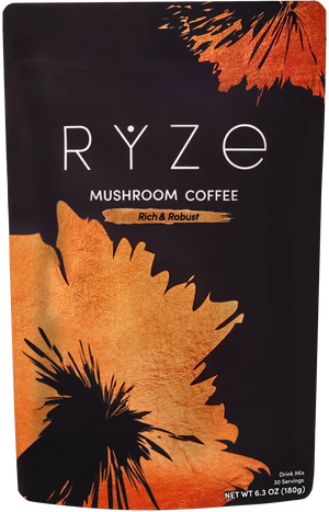 RYZE Dark Roast mushroom coffee package with orange and black design