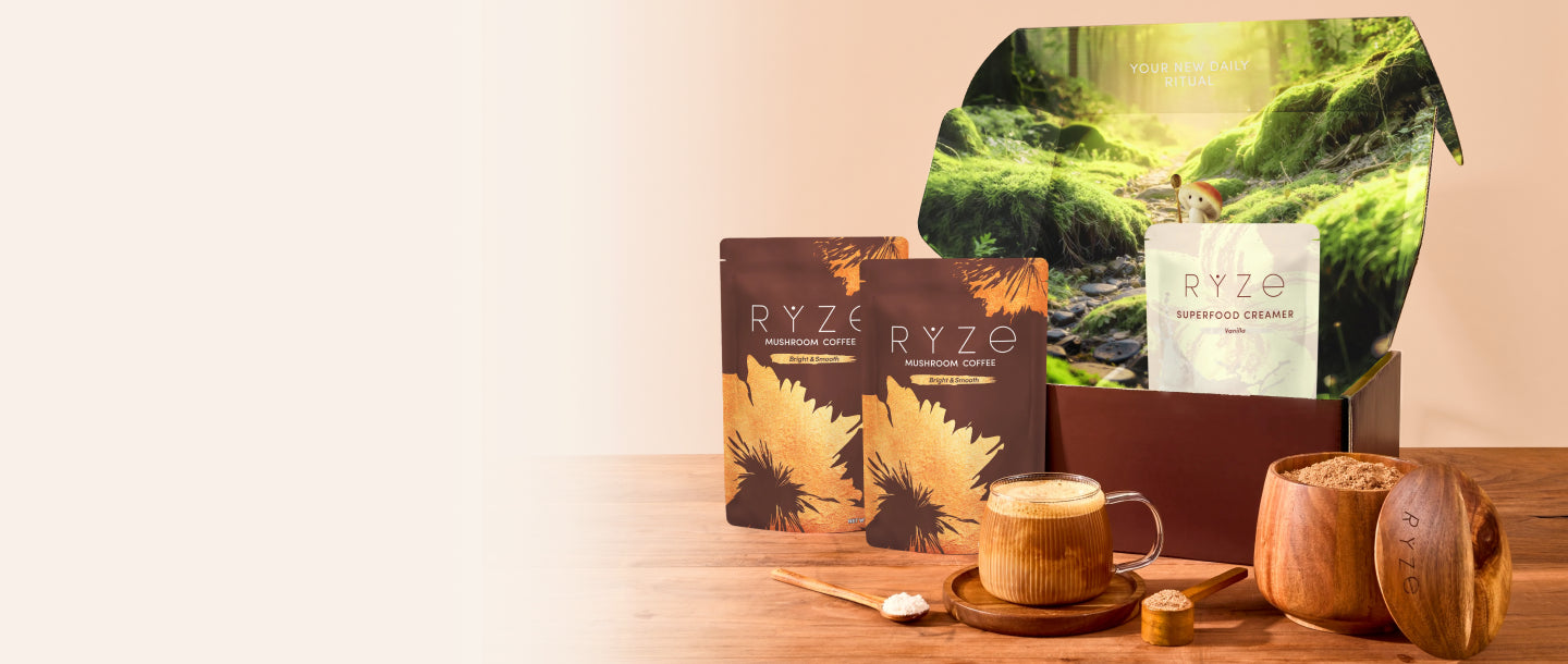 RYZE coffee packaging with a cup of coffee and wooden container on a wooden surface.