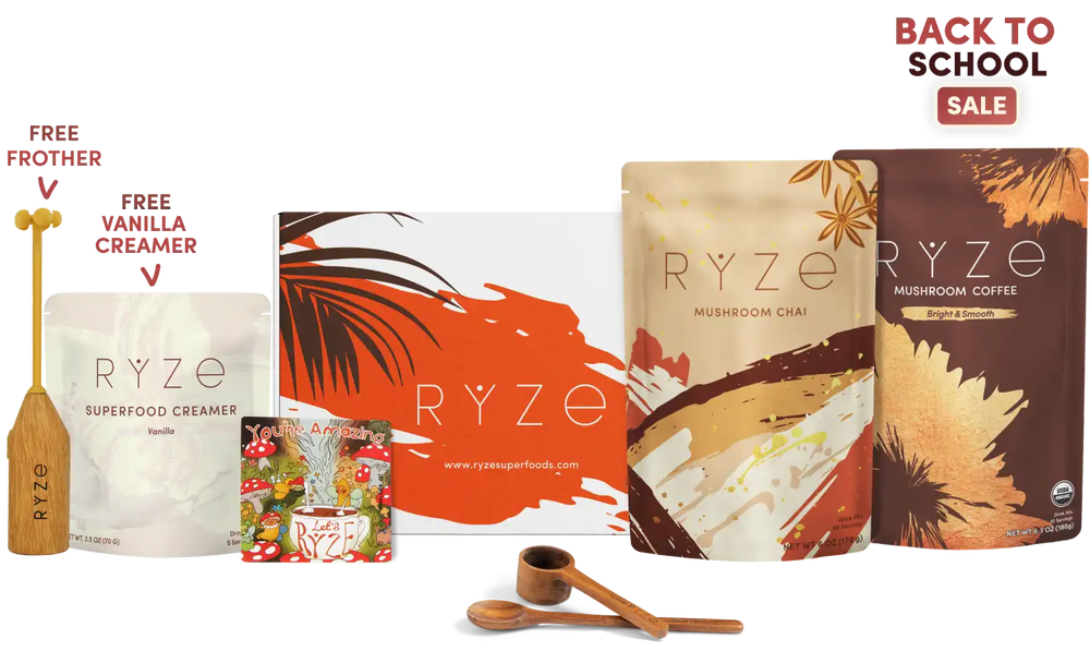A RYZE Back to School Sale bundle featuring multiple product packages including Mushroom Chai, Mushroom Coffee, Superfood Creamer, and a wooden spoon set, with promotional text on a white background.