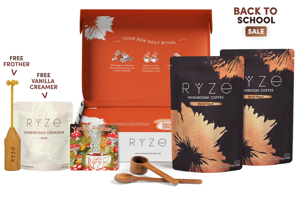 RYZE coffee gift set featuring an open orange box, two black and copper coffee pouches, a white creamer pouch, a small illustrated magnet, wooden measuring tools, and a 'BACK TO SCHOOL' badge on a white background.