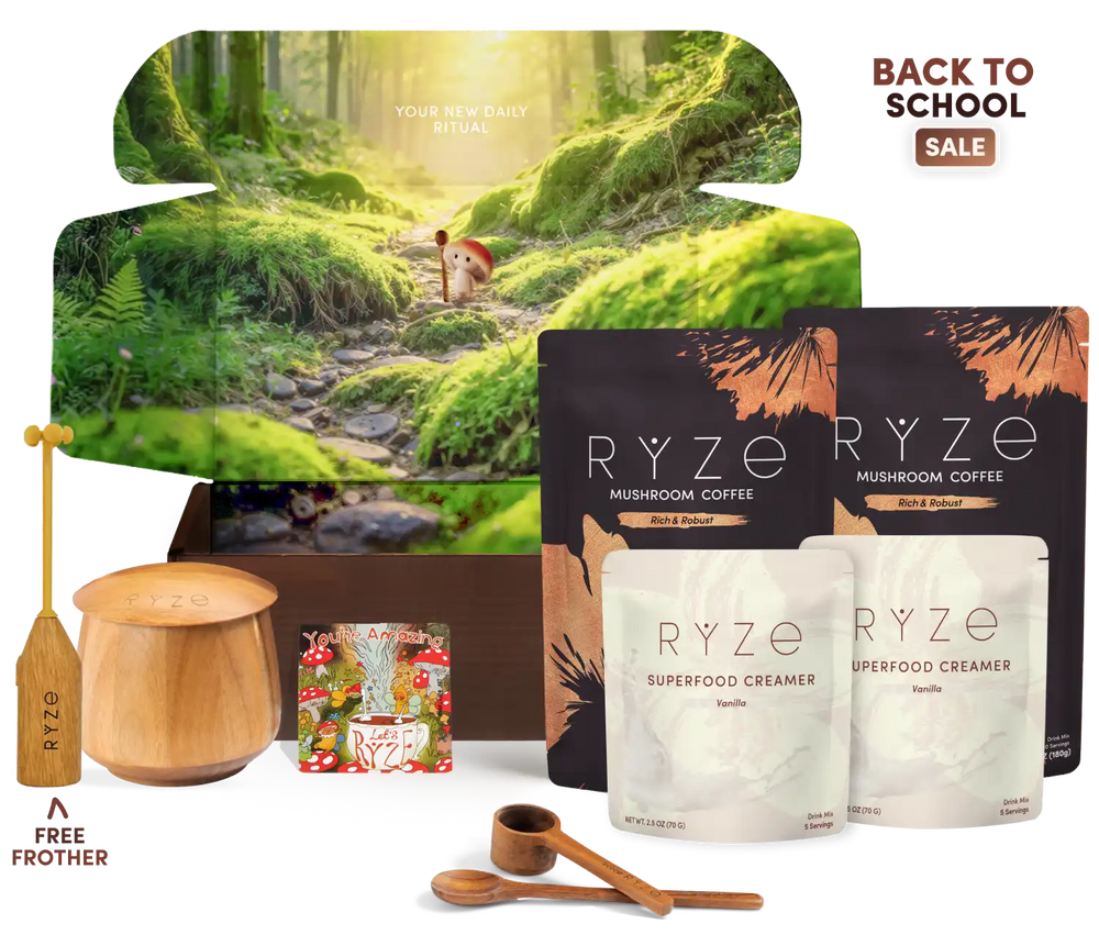 A product bundle for RYZE mushroom coffee featuring a large forest-themed gift box, two black and two white pouches of RYZE Mushroom Coffee and Superfood Creamer, wooden measuring tools, and promotional text reading 'BACK TO SCHOOL SALE' and 'A FREE FROTHER'.