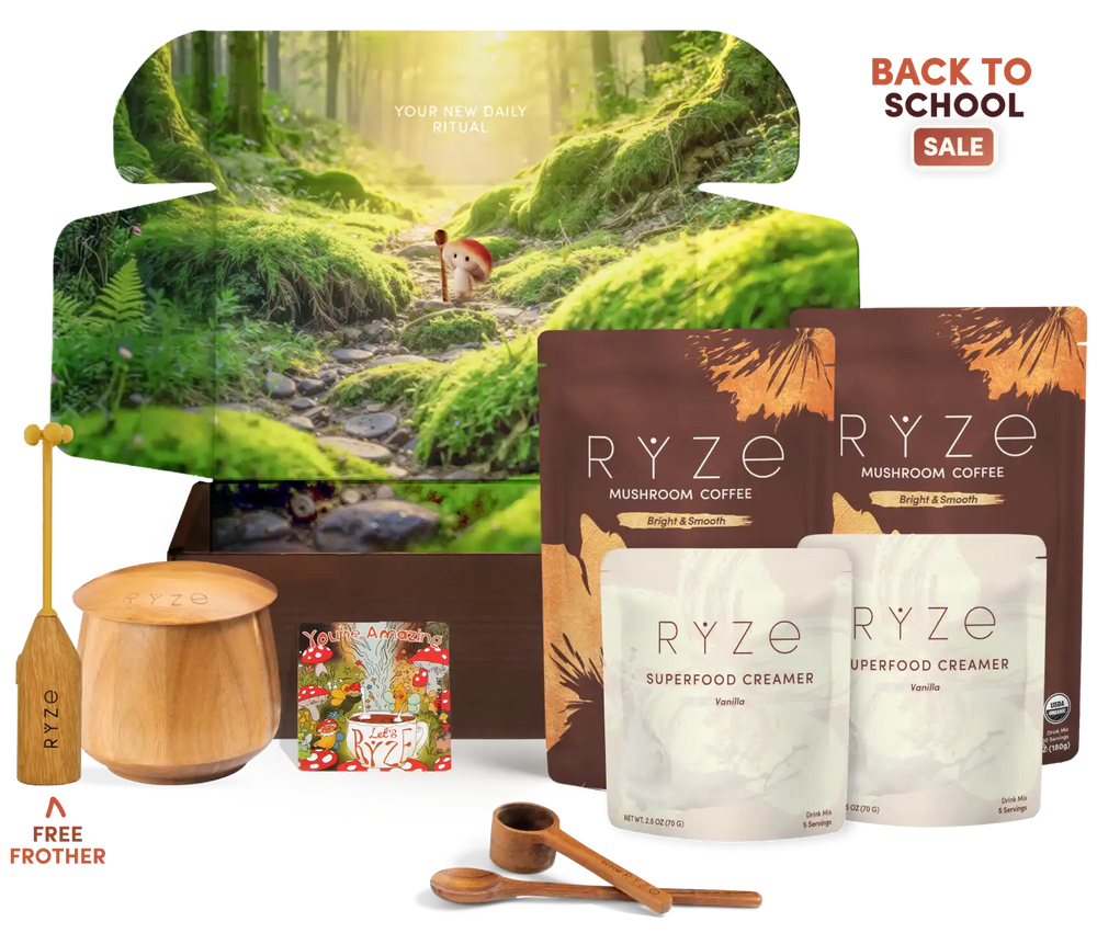 RYZE Back to School Sale gift set featuring mushroom coffee pouches, a wooden jar, a wooden spoon, a wooden scoop, and a small magnet, arranged in front of a large printed forest-themed box on a white background.