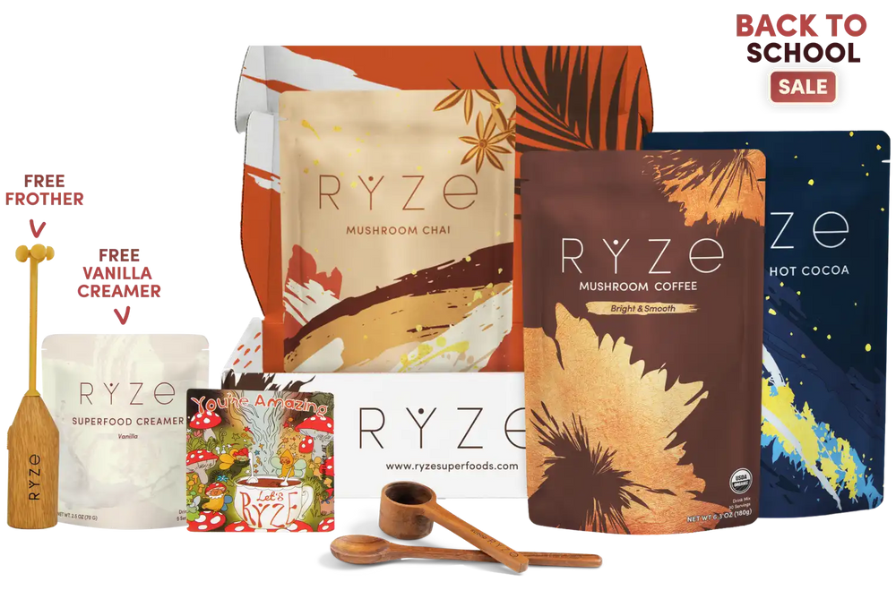 A RYZE Back to School Sale bundle featuring multiple product pouches including Mushroom Chai, Mushroom Coffee, and Hot Cocoa, along with wooden spoons, a wooden frother, and a small magnet on a white background.