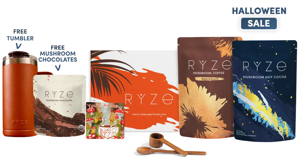 A promotional bundle for RYZE featuring multiple food and drink products arranged on a white background, including a copper tumbler, mushroom chocolates, mushroom coffee, mushroom hot cocoa, a gift box, and wooden spoons. Text overlays read 'FREE TUMBLER', 'FREE MUSHROOM CHOCOLATES', 'RYZE', 'HALLOWEEN SALE'.