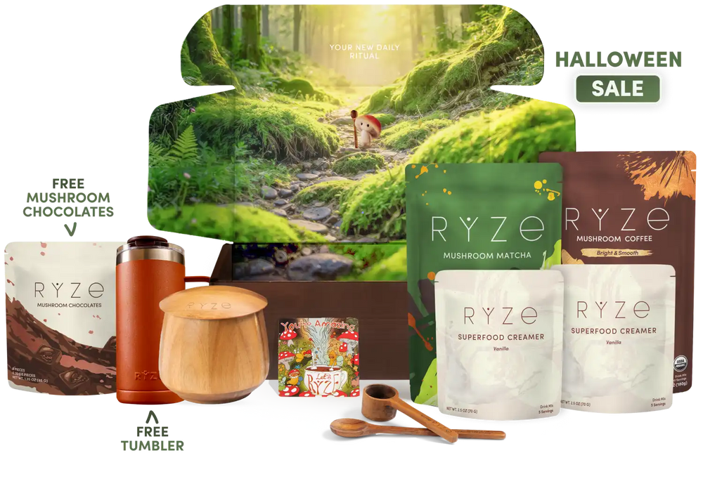 A product bundle featuring RYZE mushroom coffee, matcha, creamer, and flavor boxes, along with a free tumbler and free mushroom chocolates, arranged in front of a large forest-themed box on a white background with a 'Halloween Sale' banner.