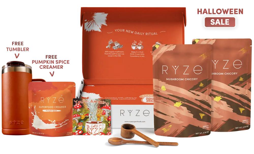 Ryze 'Your New Daily Ritual' Halloween sale bundle featuring mushroom chicory coffee, pumpkin spice creamer, a free tumbler, and a free pumpkin spice creamer pouch, displayed with an orange box and accessories on a white background.