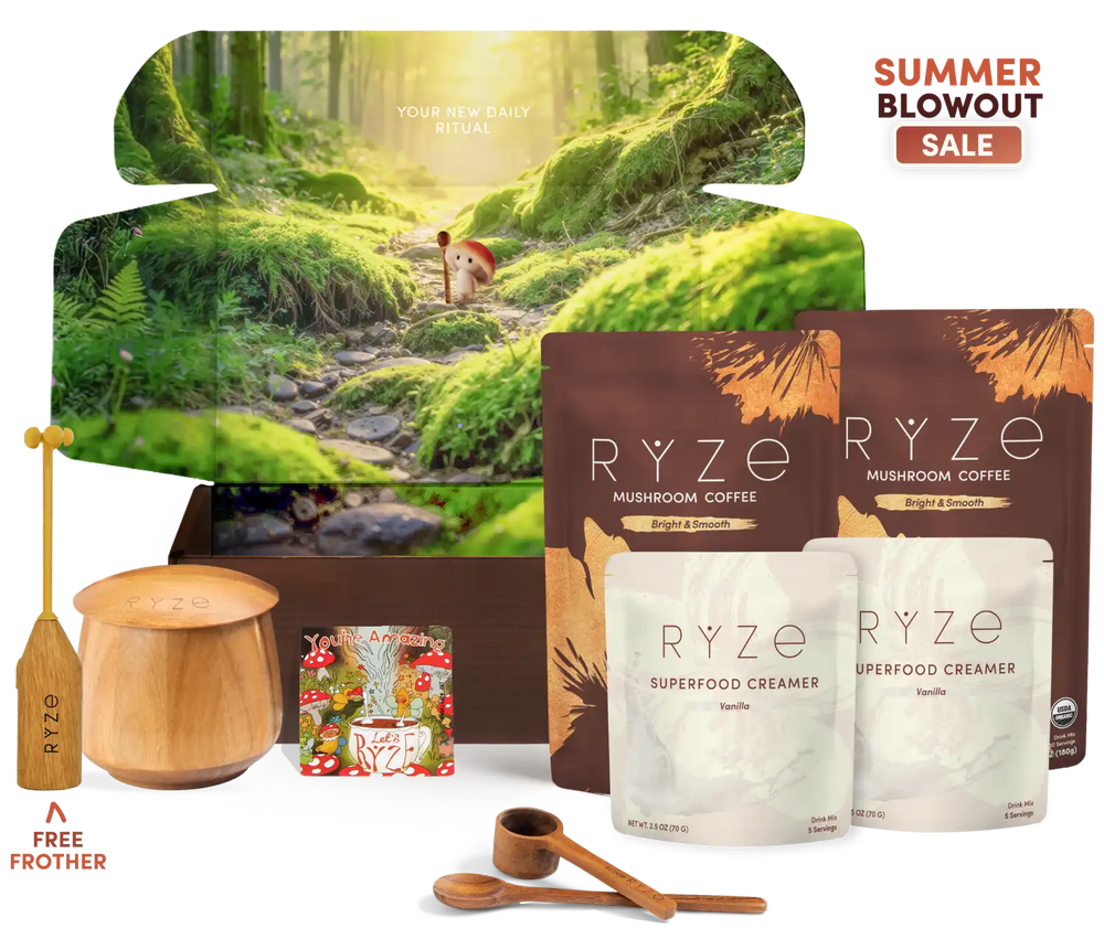 A RYZE mushroom coffee gift set displayed against a white background, featuring a large forest-themed box, two brown RYZE Mushroom Coffee pouches, two white RYZE Superfood Creamer pouches, wooden measuring tools, and a small magnet. Promotional text reads 'SUMMER BLOWOUT SALE' and 'A FREE FROTHER'.