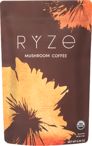 RYZE Mushroom Coffee bag clean product shot: brown and orange sunflower design, 30 servings, USDA Organic, on transparent...